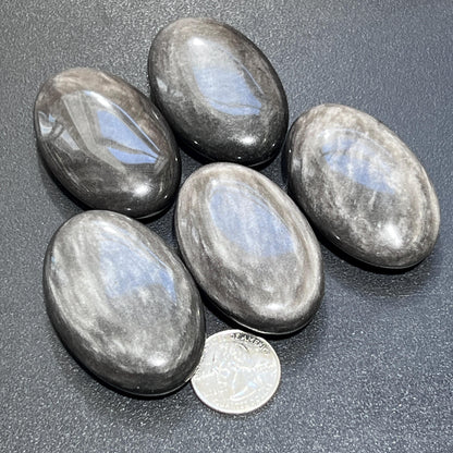 Silver Sheen Black Obsidian Palm Stone Gemstone Decor Carving Supply