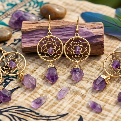 DreamCatcher Earrings Pair (Amethyst Crystal)(Gold Plated)(Stainless Steel Hooks) Gemstone Jewelry Supply