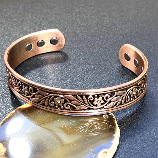 Pure Copper Cuff Bracelet Flower and Leaf Design With Rhinestones And Magnets