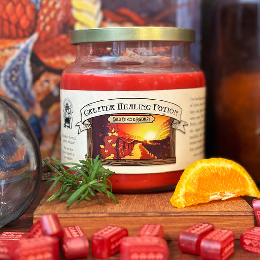 Cantrip Candles Greater Healing Potion – 16 Oz Soy Candle with Citrus, Rosemary & Infinity D4