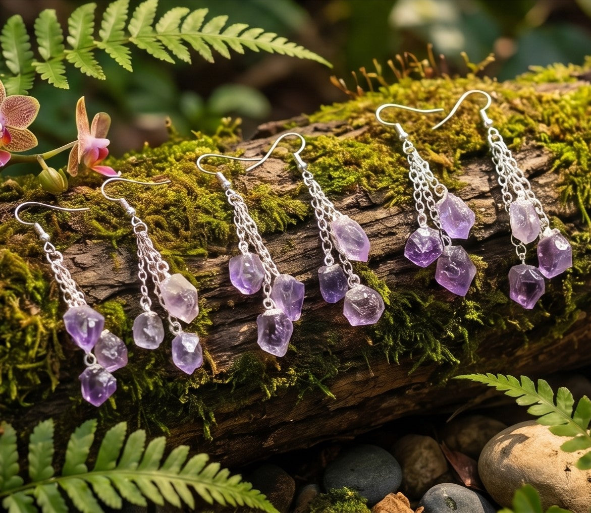 Amethyst Crystal Earrings Pair (Stainless Steel Silver Hooks) Long Dangle Gemstone Jewelry Supply