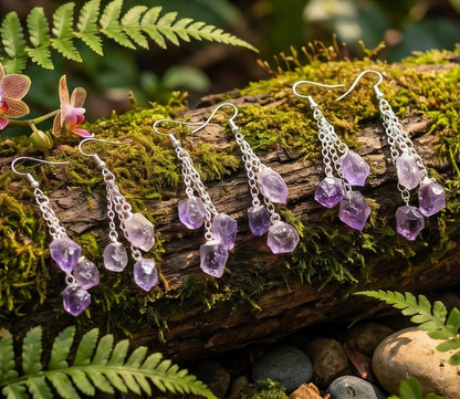 Amethyst Crystal Earrings Pair (Stainless Steel Silver Hooks) Long Dangle Gemstone Jewelry Supply