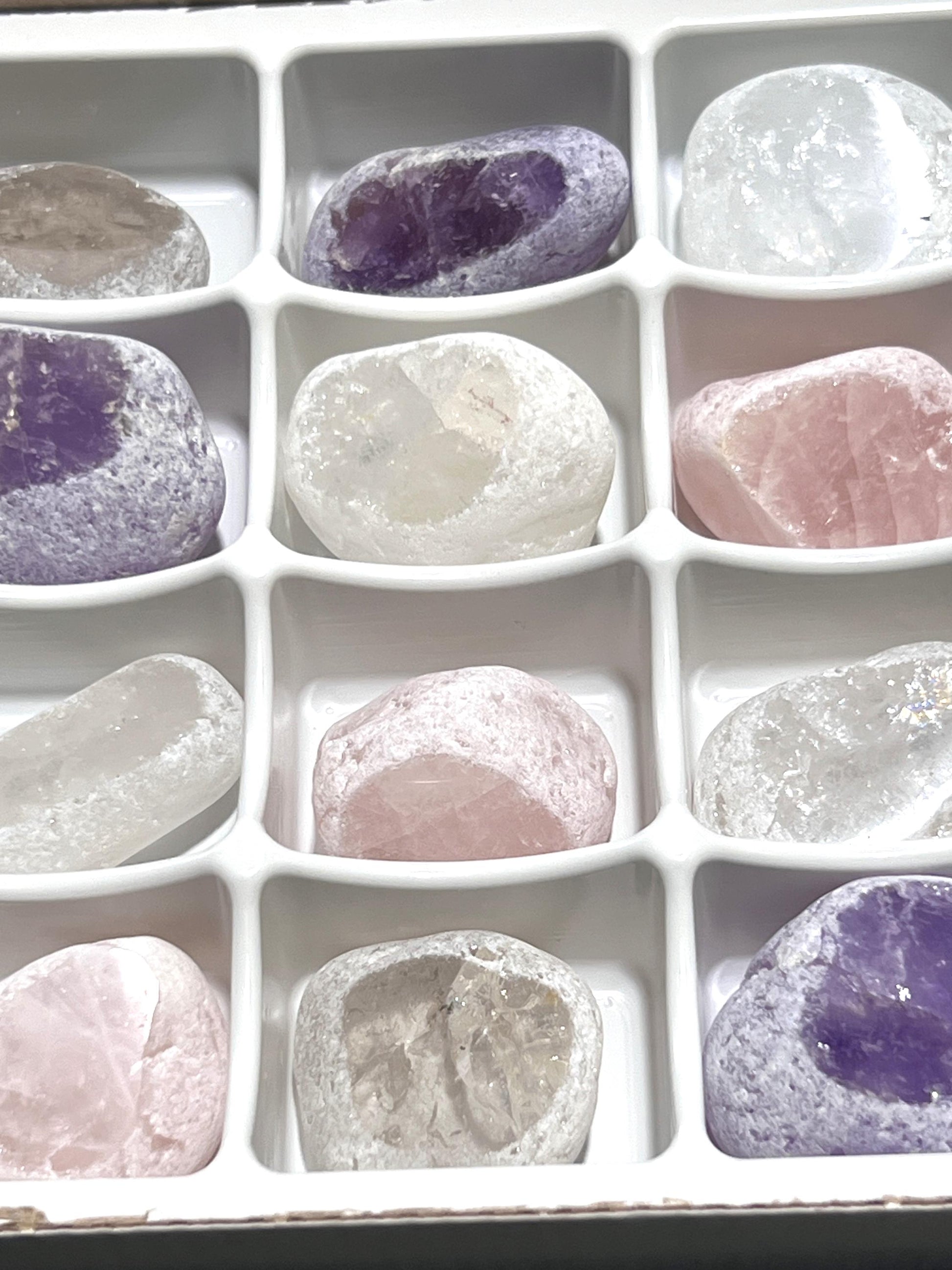 Assorted Crystal Emma Eggs (24 Pcs) Boxed Flat Wholesale Amethyst Rose Smoky Quartz