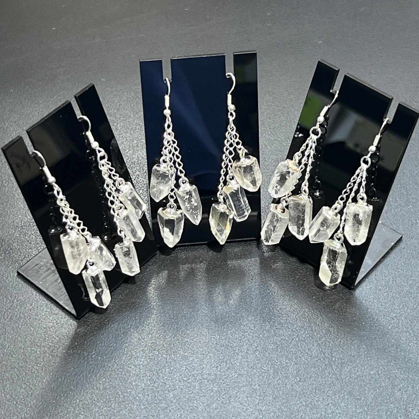 Quartz Crystal Long Earrings Pair (Silver Plated) Triple Dangle Jewelry