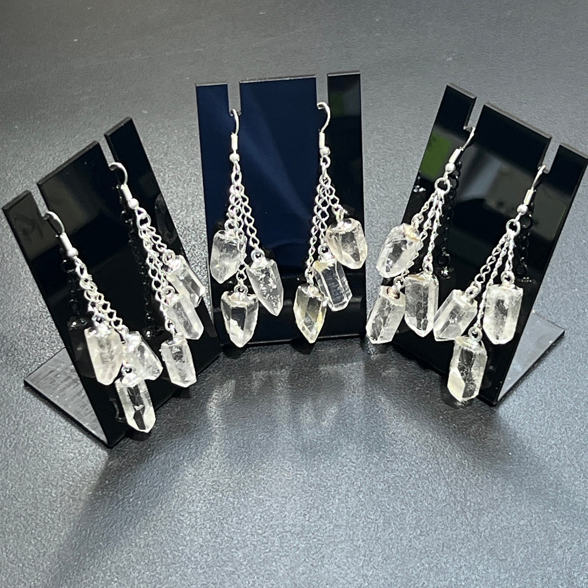 Quartz Crystal Long Earrings Pair (Silver Plated) Triple Dangle Jewelry