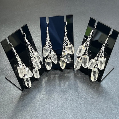 Quartz Crystal Long Earrings Pair (Silver Plated) Triple Dangle Jewelry
