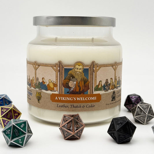 Cantrip Candles A Viking’s Welcome – 16 Oz Soy Candle with Leather, Thatch & Cedar, Hidden D20