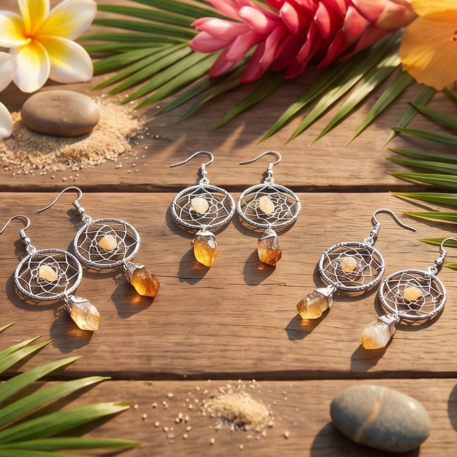 DreamCatcher Earrings Pair (Citrine Crystal)(Silver Plated)(Stainless Steel Hooks) Gemstone Jewelry Supply