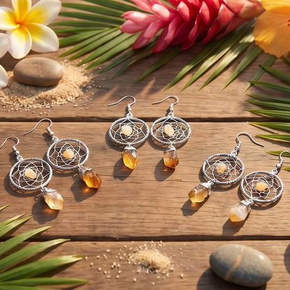 DreamCatcher Earrings Pair (Citrine Crystal)(Silver Plated)(Stainless Steel Hooks) Gemstone Jewelry Supply