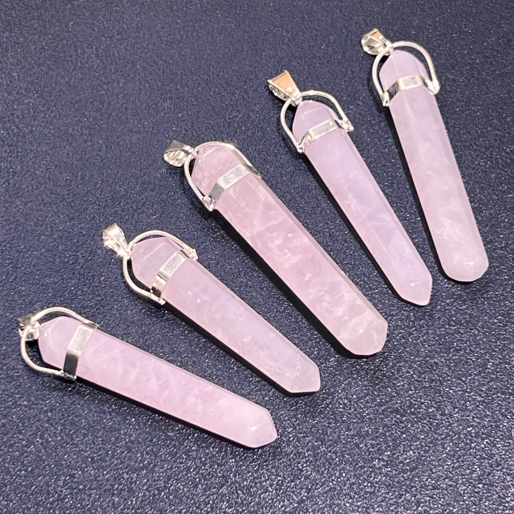 Pink Rose Quartz Crystal Point Pendant (Silver Plated) Long Thin Gemstone Necklace