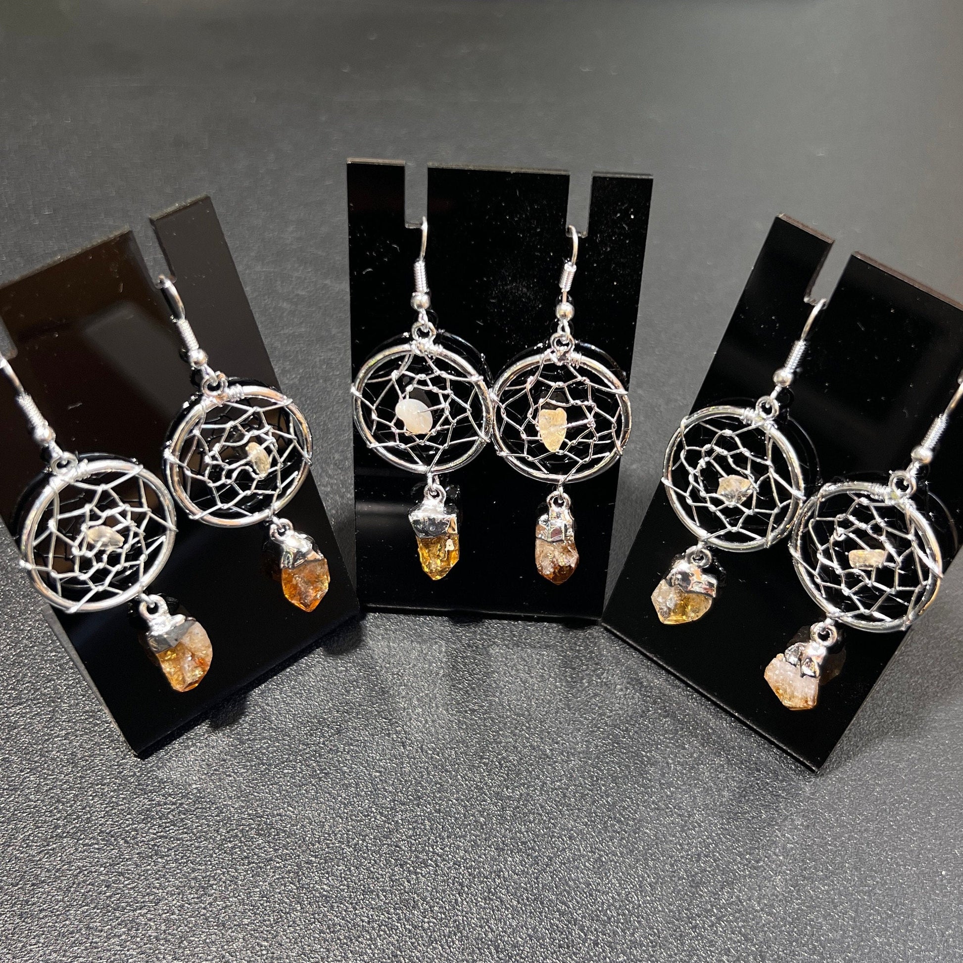 DreamCatcher Earrings Pair (Citrine Crystal)(Silver Plated)(Stainless Steel Hooks) Gemstone Jewelry Supply