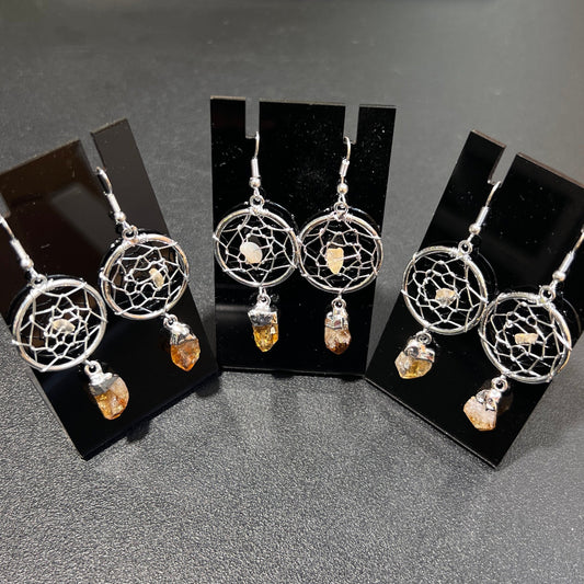 DreamCatcher Earrings Pair (Citrine Crystal)(Silver Plated)(Stainless Steel Hooks) Gemstone Jewelry Supply