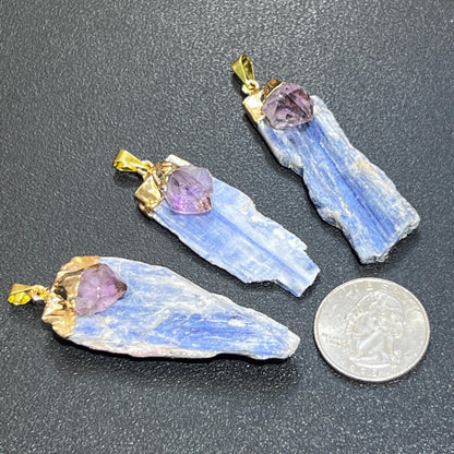 Kyanite And Amethyst Crystal Point Pendant (Gold Plated) Necklace Charm Jewelry