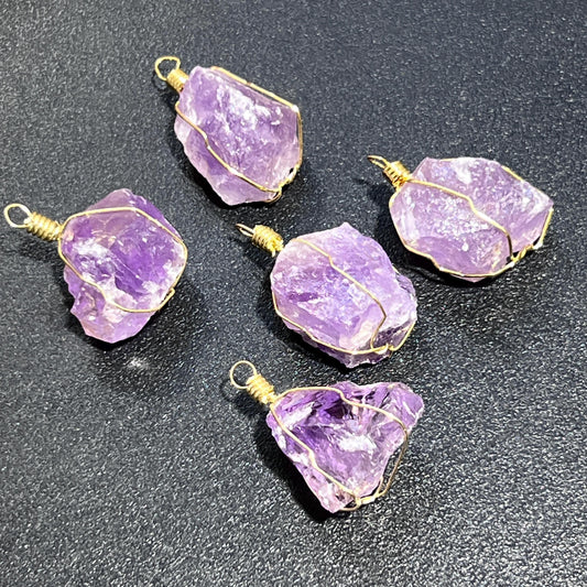 Amethyst Crystal Raw Pendant (Gold Plated Wire Wrapped) Rough Jewelry Necklace Supply