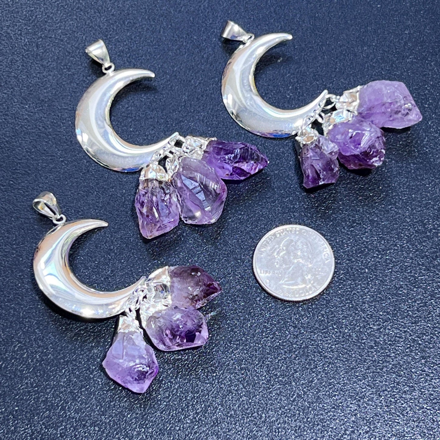 Amethyst Crystal Crescent Moon Pendant (Silver Plated)(3 Crystals) Gemstone Jewelry Necklace Supply