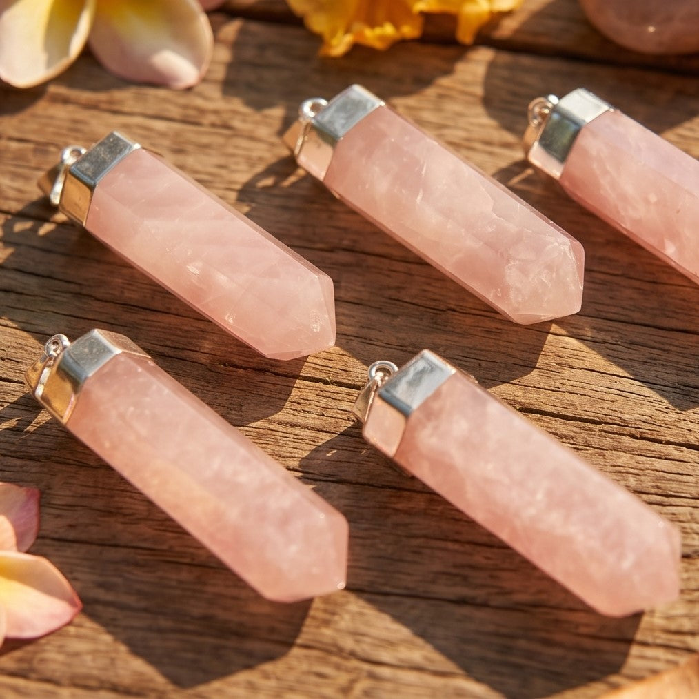 Pink Rose Quartz Crystal Point Pendant (Silver Plated) Faceted Gemstone Jewelry Necklace Supply