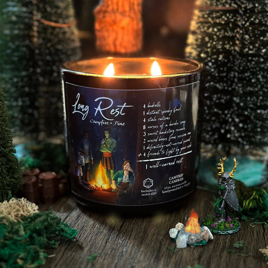 Cantrip Candles Long Rest – 12 Oz Soy Candle with Campfire, Pine & Hidden Metal D20