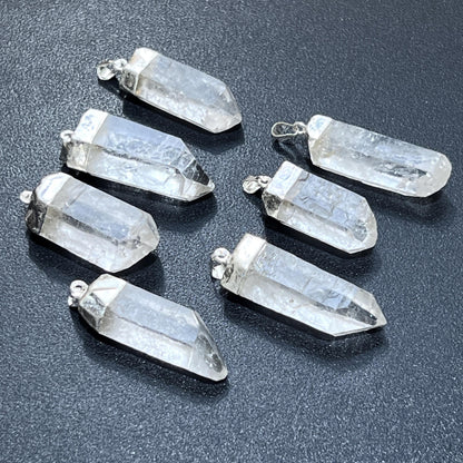 Quartz Crystal Point Pendant (Silver Plated) Gemstone Jewelry Necklace Supply