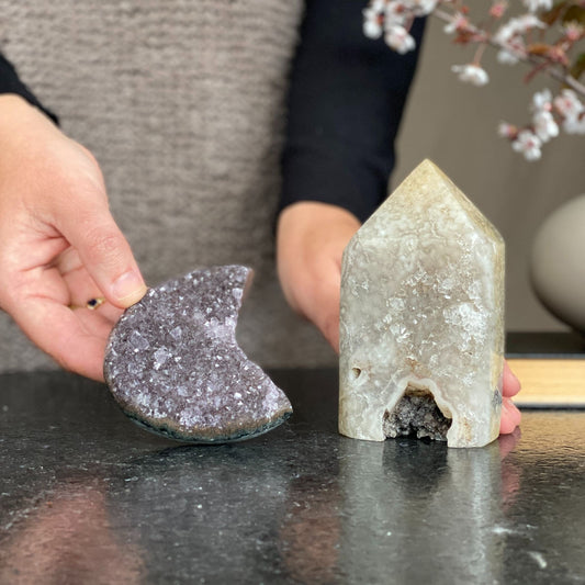 2-Piece Uruguayan Amethyst Moon & White Agate Obelisk Set – 1.7 lb