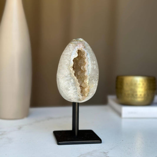 Uruguayan Agate & Amethyst Egg on Metal Stand – 3 Color Options, 5.5 Inches