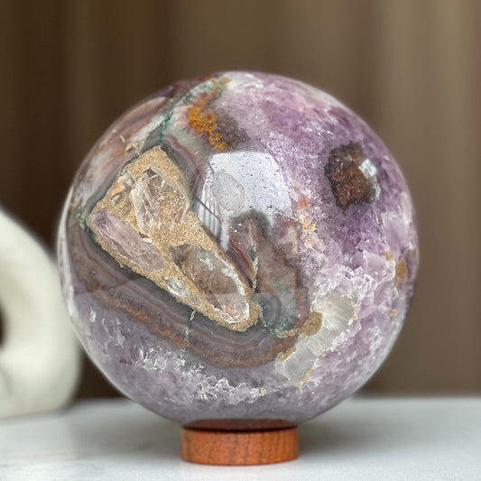Uruguayan Amethyst Geode Sphere with Carob Wood Base – 11.5 lb, 5 Inches