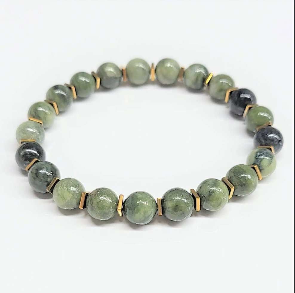 Jade with Gold Spacer Round Bead Bracelet 8mm - Serene Abundance