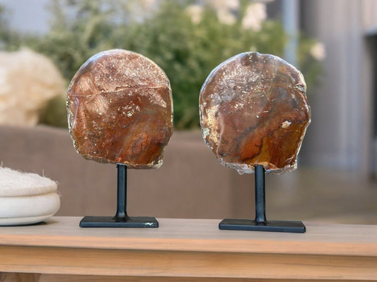 Uruguayan Red Jasper Slice on Metal Stand – Single or 2-Piece Set, 7 Inches