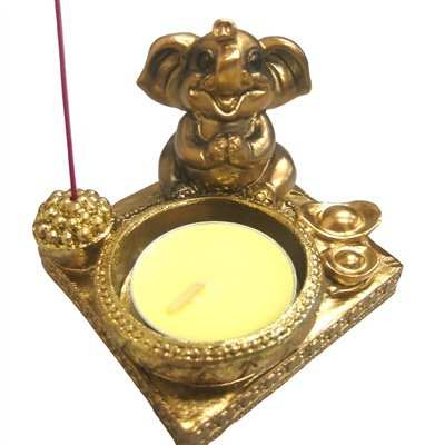 Gold Elephant Incense Holder with Tea Light for Luck