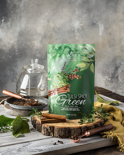 Organic Tulsi Green Tea With Cinnamon, Loose Leaf, 4 Oz